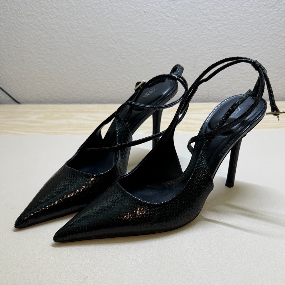 Zara Snakeskin Black Slingback Heels